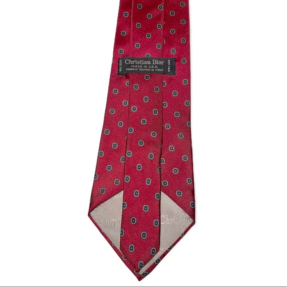 CHRISTIAN DIOR Necktie 100% Silk 56” Long Red Geometric Dots Classic - Picture 5 of 6